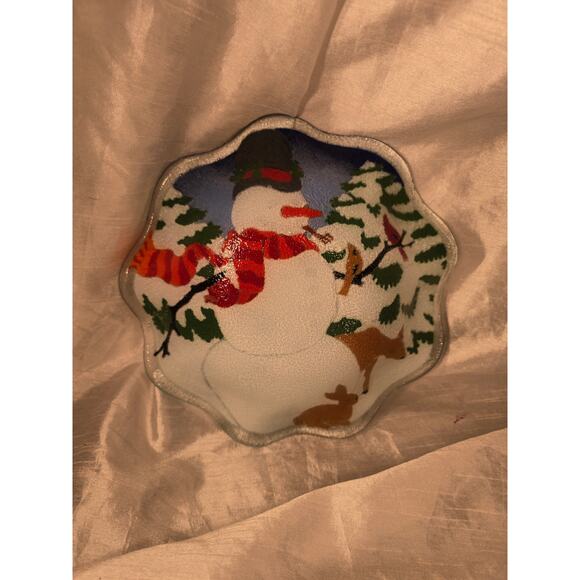 Peggy Karr Fused Glass Snowman Round Plate 8" Reindeer Winter Christmas 7.5" - Picture 4 of 7